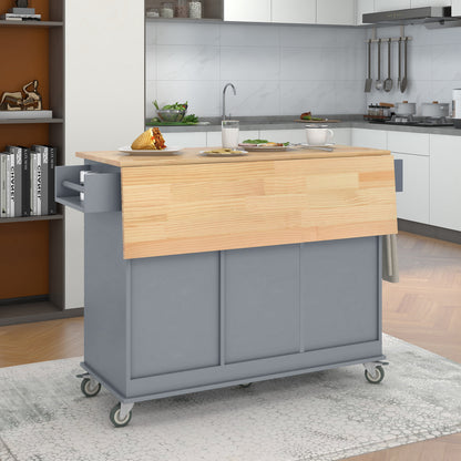 Versatile Rolling Kitchen Island with Solid Wood Top, Locking Wheels & Ample Storage - 52.7 Inch (Grey Blue)