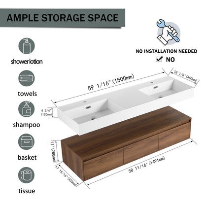 Contemporary 60-Inch Wall-Mounted Bathroom Vanity with Dual Resin Sinks, Soft-Close Drawers, and Floating Design