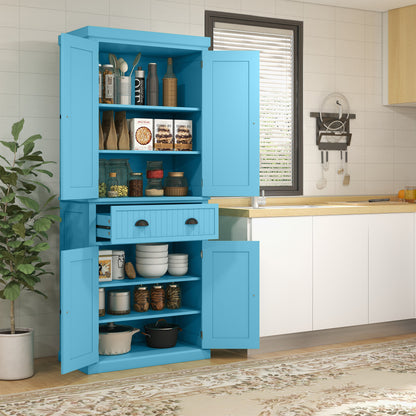 Light Blue Freestanding 72" Kitchen Pantry Cabinet with Adjustable Shelves and Traditional Design