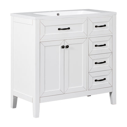 36-Inch White Freestanding Bathroom Vanity with Ceramic Sink and Storage Drawers