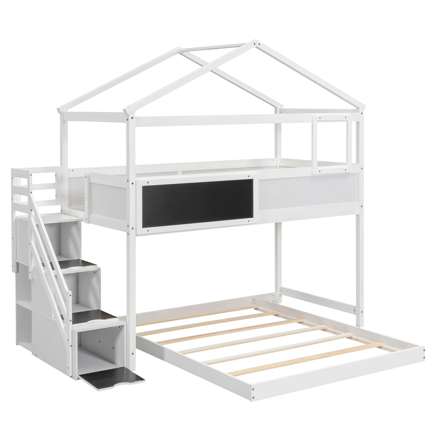 Whimsical Twin over Full House Bunk Bed with Storage Steps and Blackboard, White