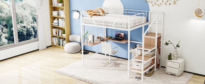Stylish Full Size Metal Loft Bed with Integrated Desk and Storage Solutions in White