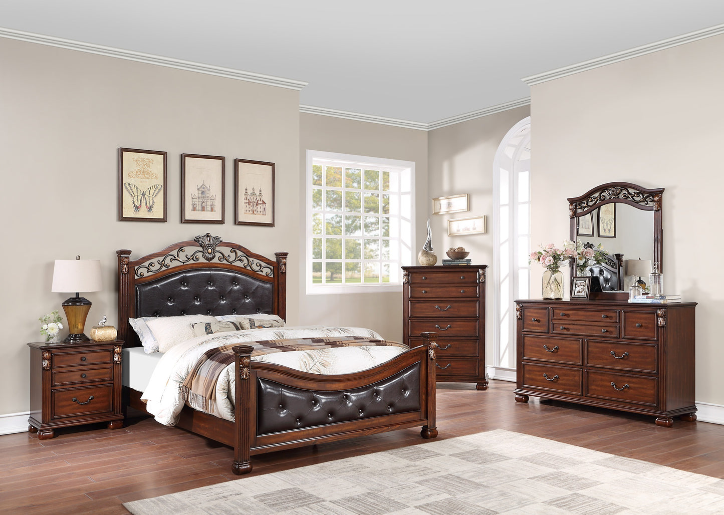 Elegant Dark Cherry California King Size Bed with Luxurious Tufted Faux Leather Headboard and Footboard