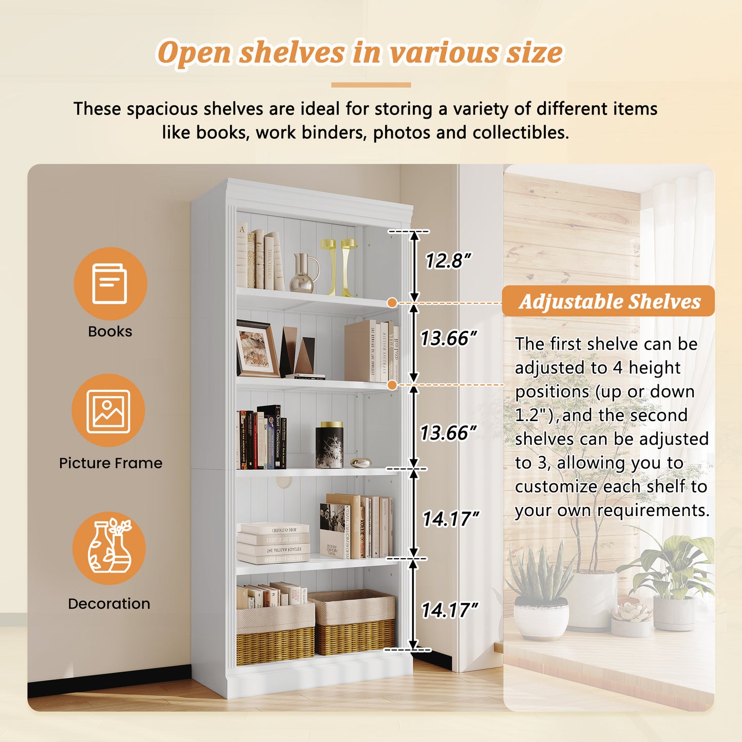 Modern 5-Tier White Wooden Bookcase with Adjustable Shelves for Home and Office Storage