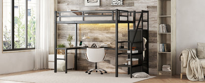 Twin XL Metal Loft Bed with L-shaped Desk, USB Charging Station, Wardrobe, and LED Lights - Stylish Space-Saving Solution for Teens and Adults in Black