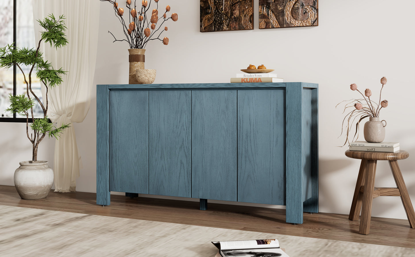 TREXM Retro 4-door Sideboard with Distressed Finish and Adjustable Shelves for Dining Room, Kitchen, and Living Room (Navy)