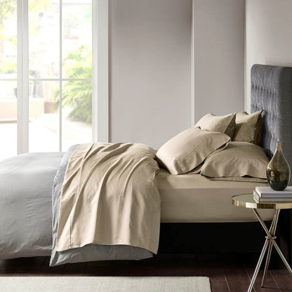 Queen Cotton-Blend Sateen Sheet Set, 800TC, 56% Cotton / 44% Polyester, Flat & Fitted, Pillowcases, Khaki