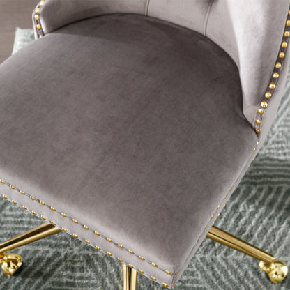 Luxurious Gray Velvet Tufted Home Office Chair with Gold Metal Base, Adjustable Swivel Design