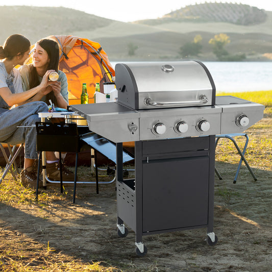 Three Burner Propane Gas Grill With Side Burner Steel Outdoor Barbecue For Patio And Garden 37000 BTU Black And Silver