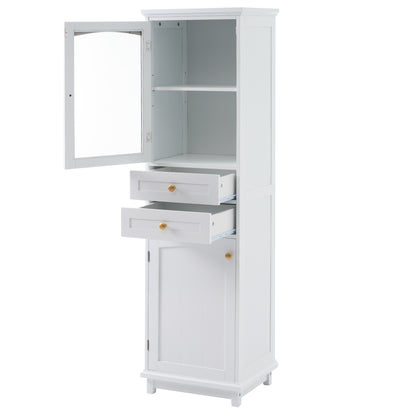Elegant 63" Tall White Bathroom Storage Cabinet with Glass Doors, Two Drawers, Adjustable Shelves, and Anti-Tipping Design - Perfect for Organizing and Displaying Essentials