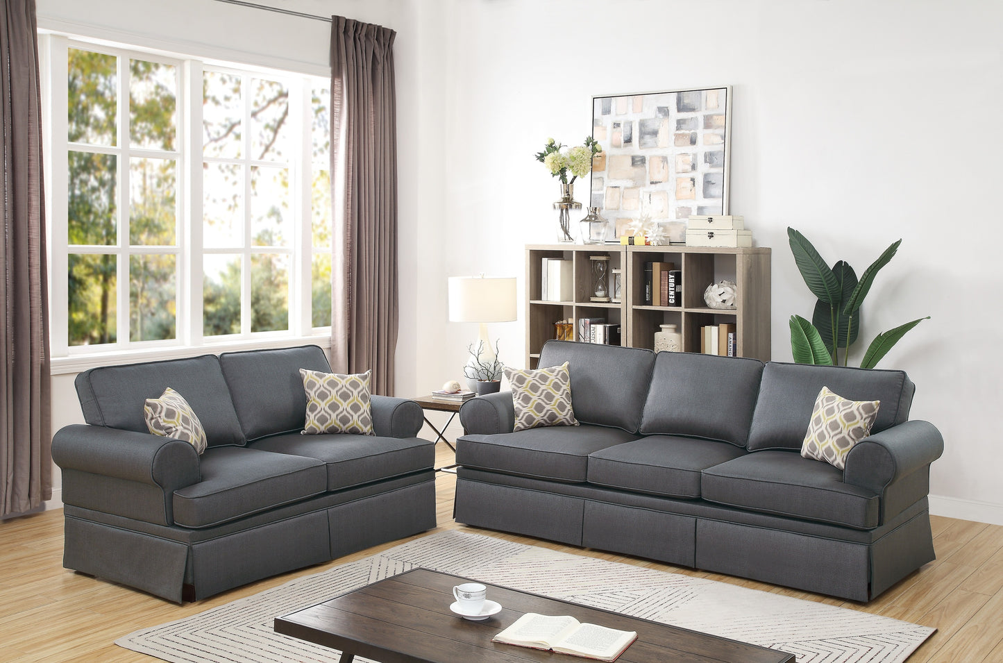 2-Piece Fabric Sofa Set with Loveseat, Rolled-Arm, Contemporary Living Room Furniture - Charcoal