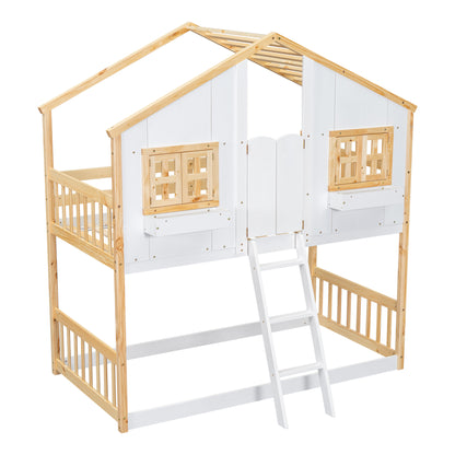 Twin House Bunk Bed for Kids with Roof, Windows, and Safety Features - Natural/White Finish