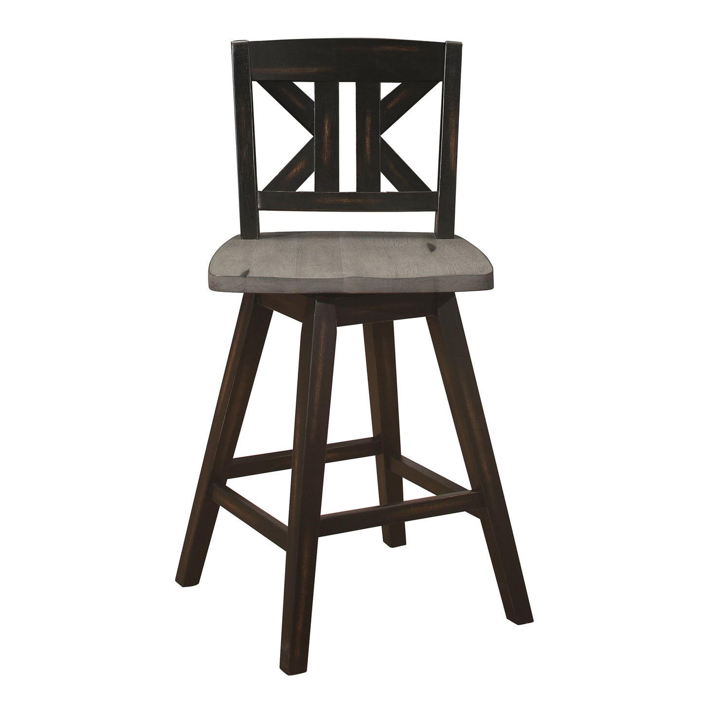 Counter Height Chairs Set of 2, Black Gray 360-degree Swivel Chair Solid Rubberwood Kitchen Dining Furniture, Divided X-Back