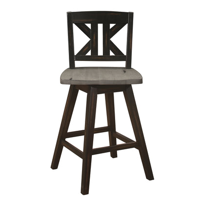 Counter Height Chairs Set of 2, Black Gray 360-degree Swivel Chair Solid Rubberwood Kitchen Dining Furniture, Divided X-Back