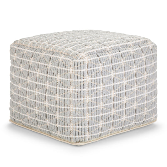 Square Pouf, 18in Dia x 14in H, Cotton Fabric Bead Fill, Foot Stool & Seating, Blue/White