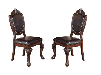 Set of 2 Traditional Formal Dining Room Side Chairs - Rubberwood, Faux Leather Upholstered Seats Brown