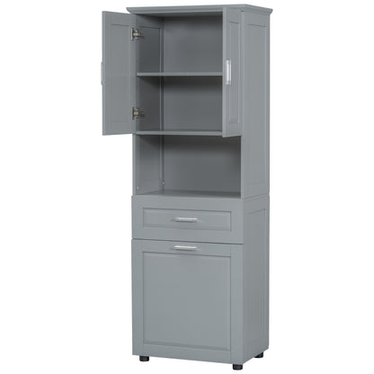 Tall Grey Storage Cabinet with Removable Laundry Hamper, Multi-Functional Upper Shelves and Cabinet Doors