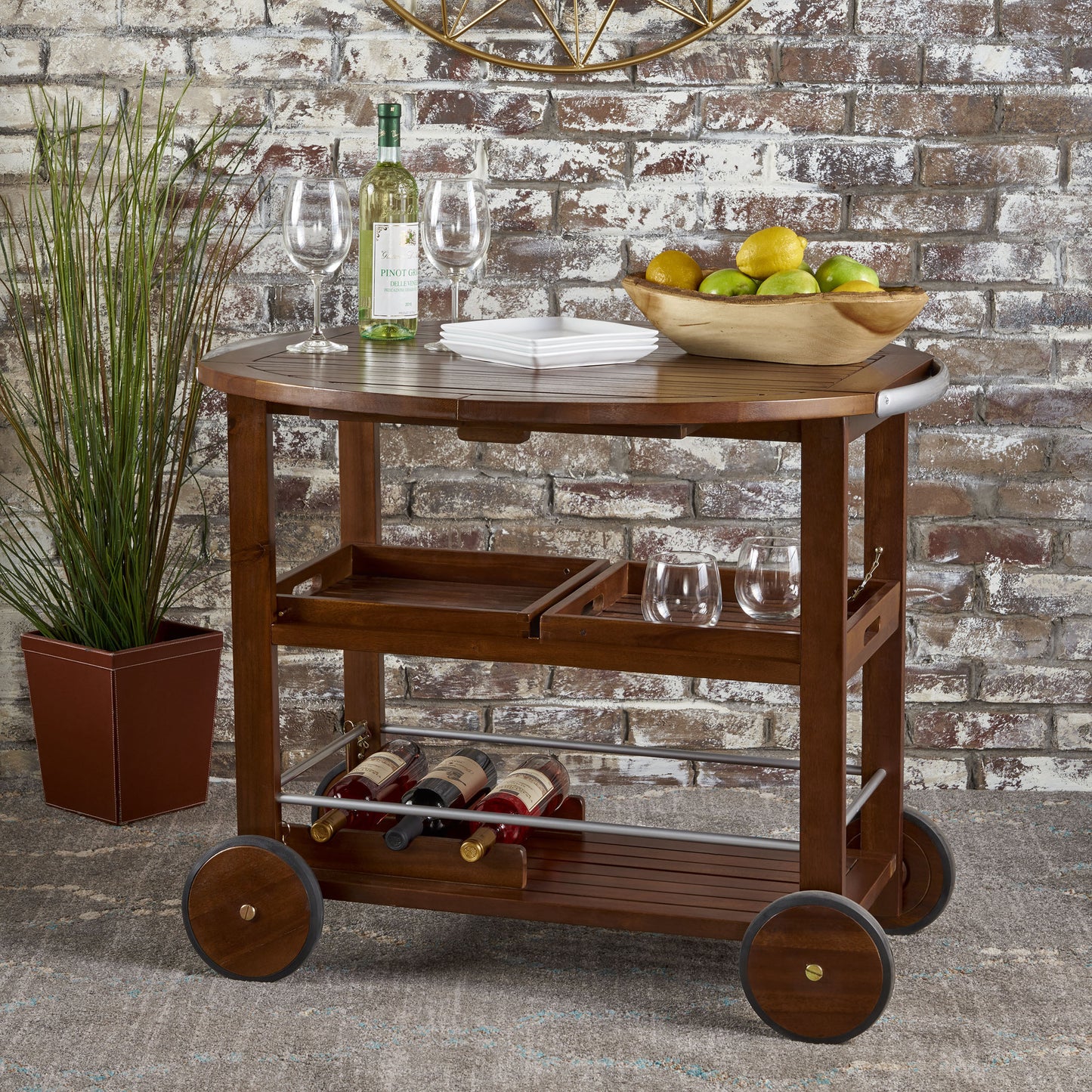 Tillary Drop Leaf Outdoor Bar Cart With Wine Rack Oak Finish