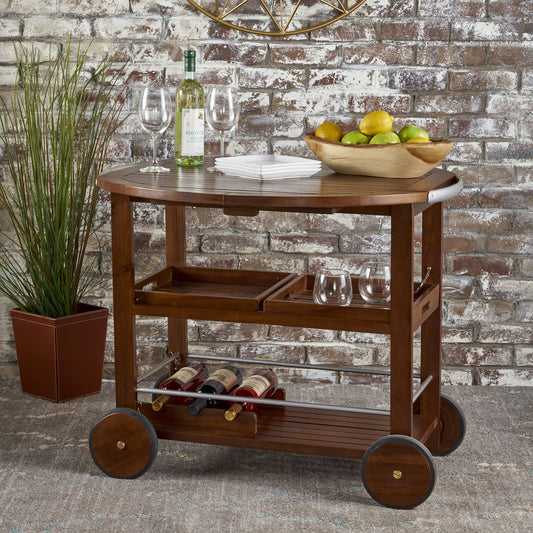 Tillary Drop Leaf Outdoor Bar Cart With Wine Rack Oak Finish