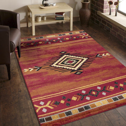 Southwest Style Area Rug, 87 x 63 inches, Polypropylene, Low-Pile, Durable, Kid & Pet Friendly Red