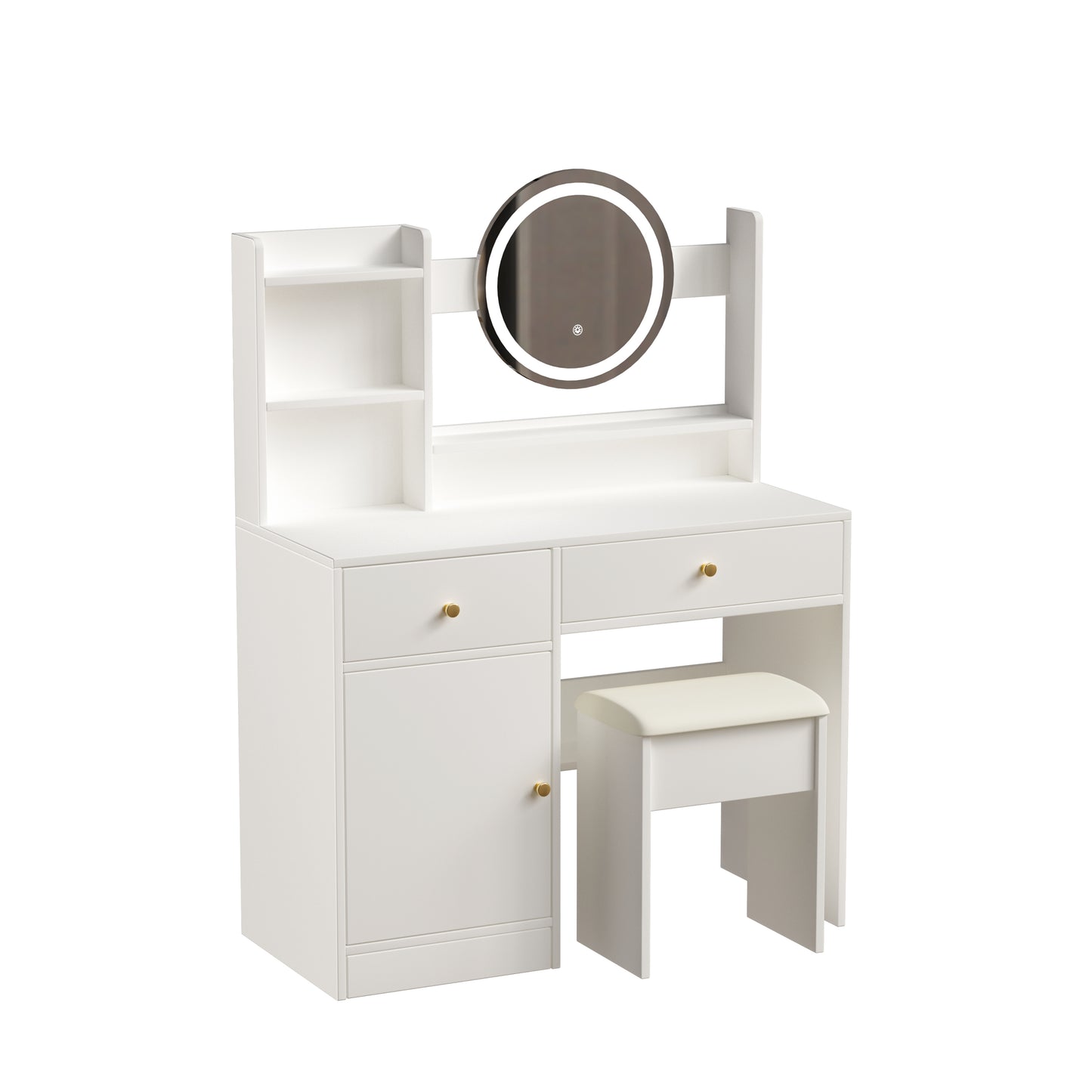 Vanity Set with LED Mirror and Adjustable Lighting, Cushioned Stool, 2 Drawers, Bedroom Vanity, White