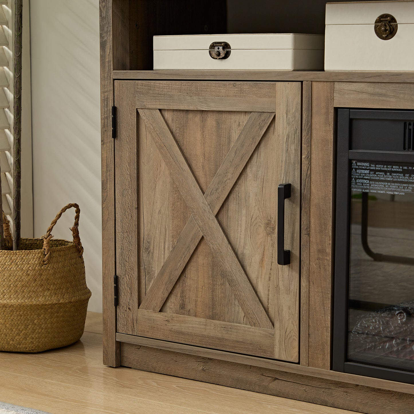 Farmhouse TV Console with Electric Fireplace for 65-Inch TV, Barn Doors, Cable Management, Gray Wash