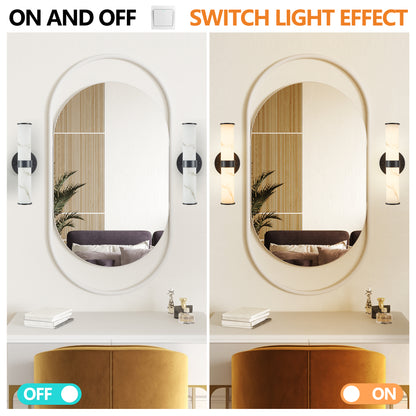 2-Pack Faux Marble Resin Wall Sconces – Indoor Hallway, Bathroom, Bedroom Lighting, Black Iron Finish