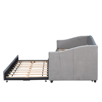 Elegant Gray Upholstered Twin Daybed Sofa with Trundle and Wooden Slats