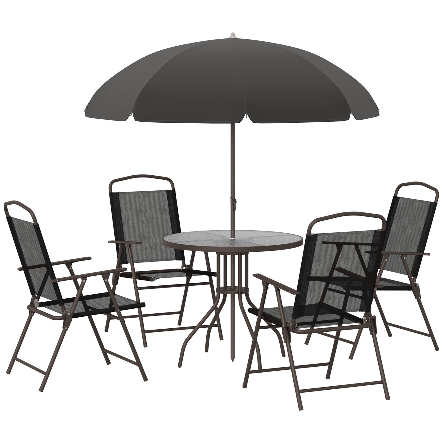 Patio Dining Set with Umbrella and Folding Chairs – Steel Frame, Garden/Poolside, 25.3 in L, Black