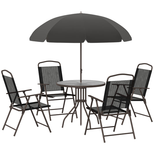 Patio Dining Set with Umbrella and Folding Chairs – Steel Frame, Garden/Poolside, 25.3 in L, Black