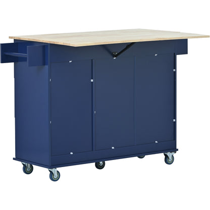 Versatile Rolling Kitchen Cart with Drop Leaf - Sturdy Solid Wood Top, Locking Wheels & Ample Storage (Dark Blue)