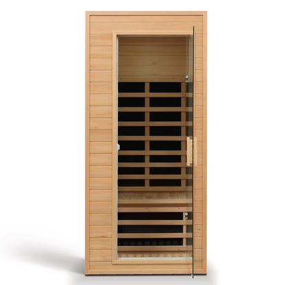 One-Person Far Infrared Indoor Sauna Room, 1290W, 5 Heaters, Hemlock Wood, Bluetooth, Natural