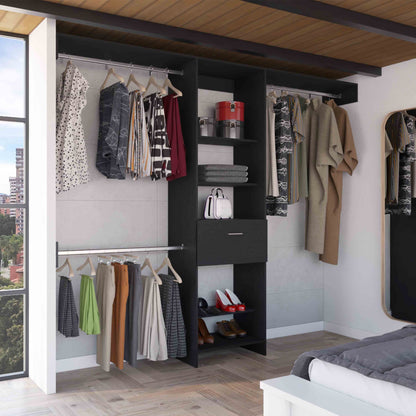 Manchester 250 Modern Closet Organizer with Five Shelves, One Drawer, and Three Metal Hanging Rods - Black