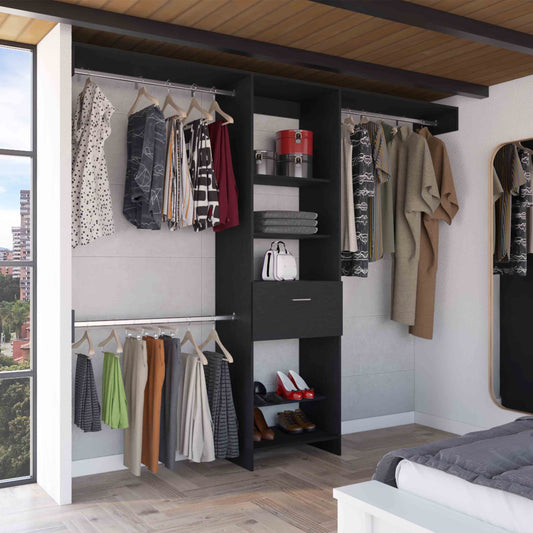 Manchester 250 Modern Closet Organizer with Five Shelves, One Drawer, and Three Metal Hanging Rods - Black