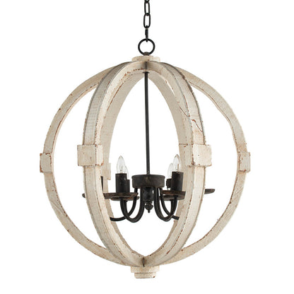 6-Light Pine Wood Chandelier with Adjustable Chain, Iron Accents for Kitchen and Dining Rooms White