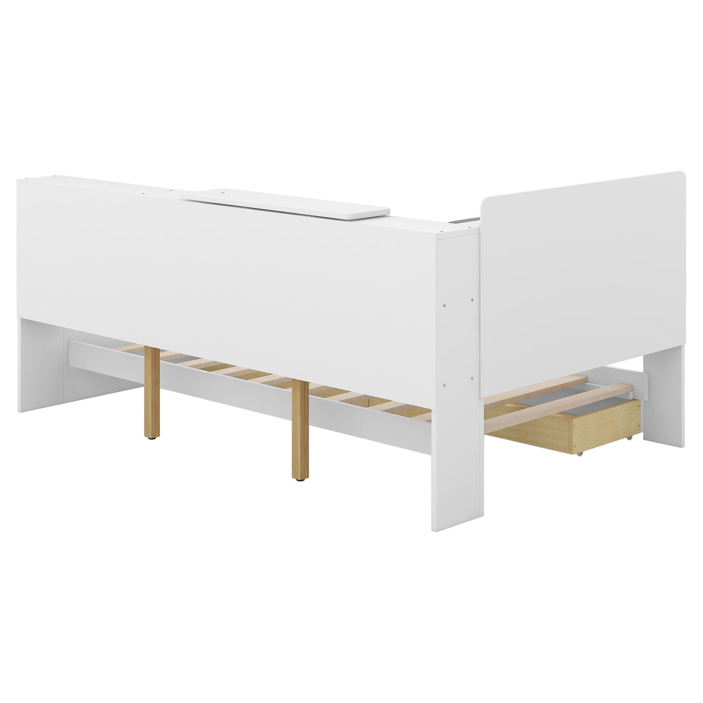 Elegant White Twin Size Platform Bed with Storage Headboard, Shelves, and Drawers
