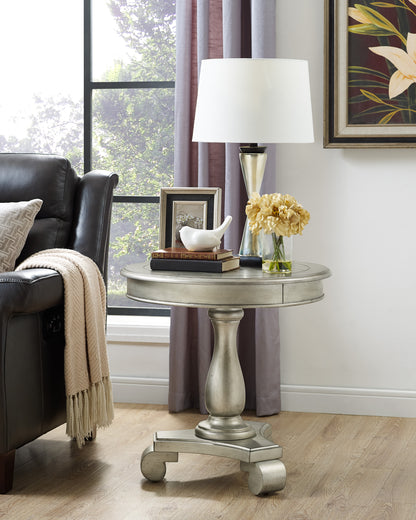 Round Wood Pedestal Side Table, 26-in Diameter, 26.5-in Height, Traditional Scroll Pedestal, Champagne