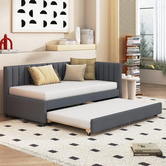 Twin Size Upholstered Daybed with Trundle - No Box Spring Needed, Stylish Linen Fabric (Gray)