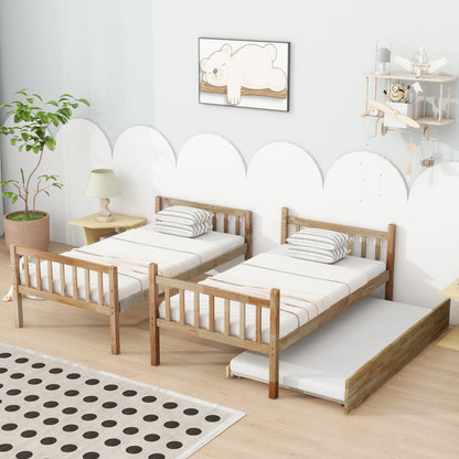Convertible Twin Over Twin Bunk Bed with Trundle, Rubber Wood Design, Ladder & Safety Guardrails, Natural Finish