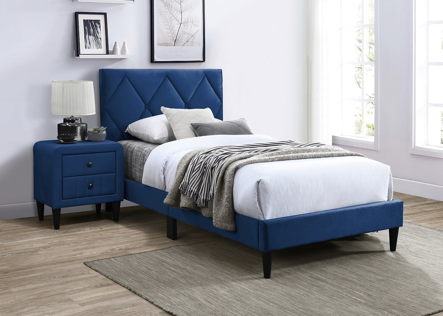 Navy Blue Velvet Upholstered Twin Bed with Adjustable Headboard for Youth Bedrooms