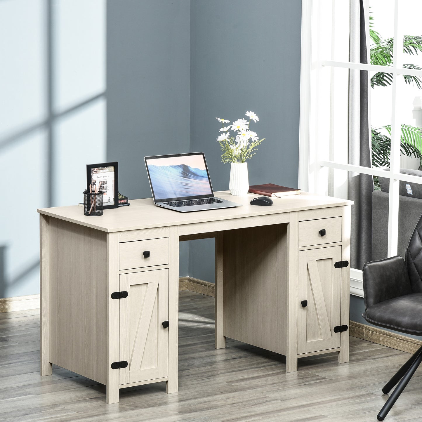 Cream White Farmhouse Style Computer Desk with Storage Drawers and Cabinets for Home Office