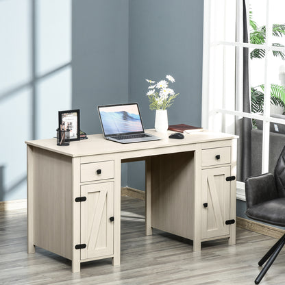 Cream White Farmhouse Style Computer Desk with Storage Drawers and Cabinets for Home Office