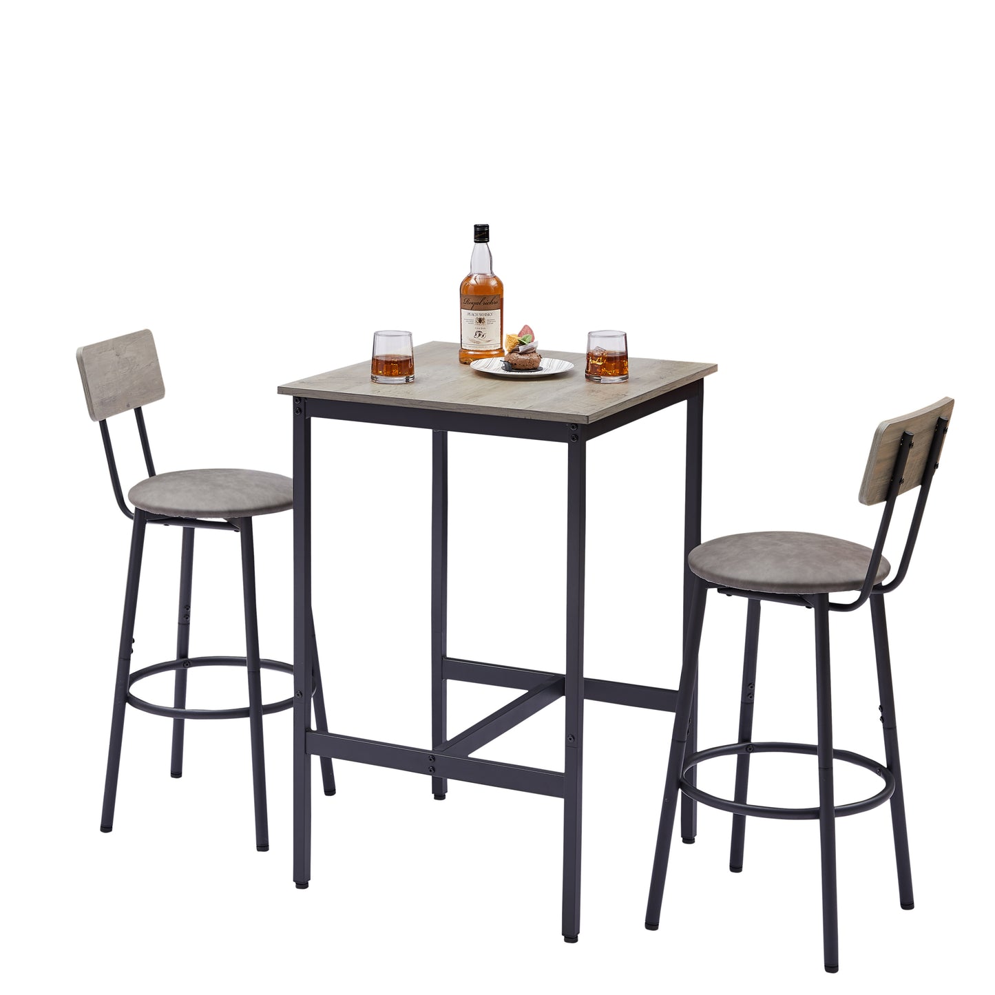 Bar Table Set with 2 Backrest Stools, Rustic PU Cushions, Space-Saving Dining for Kitchen or Bar Grey