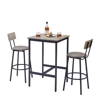 Bar Table Set with 2 Backrest Stools, Rustic PU Cushions, Space-Saving Dining for Kitchen or Bar Grey