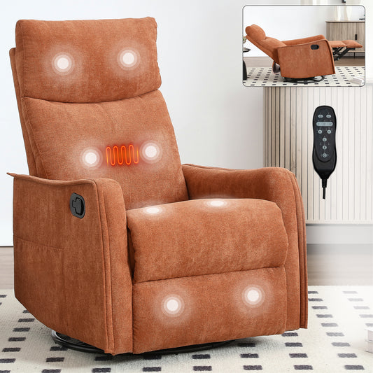 Heat Massage Manual Recliner with 360° Swivel and Rocker, Fabric Upholstery, 8-Node Back Massage - Orange