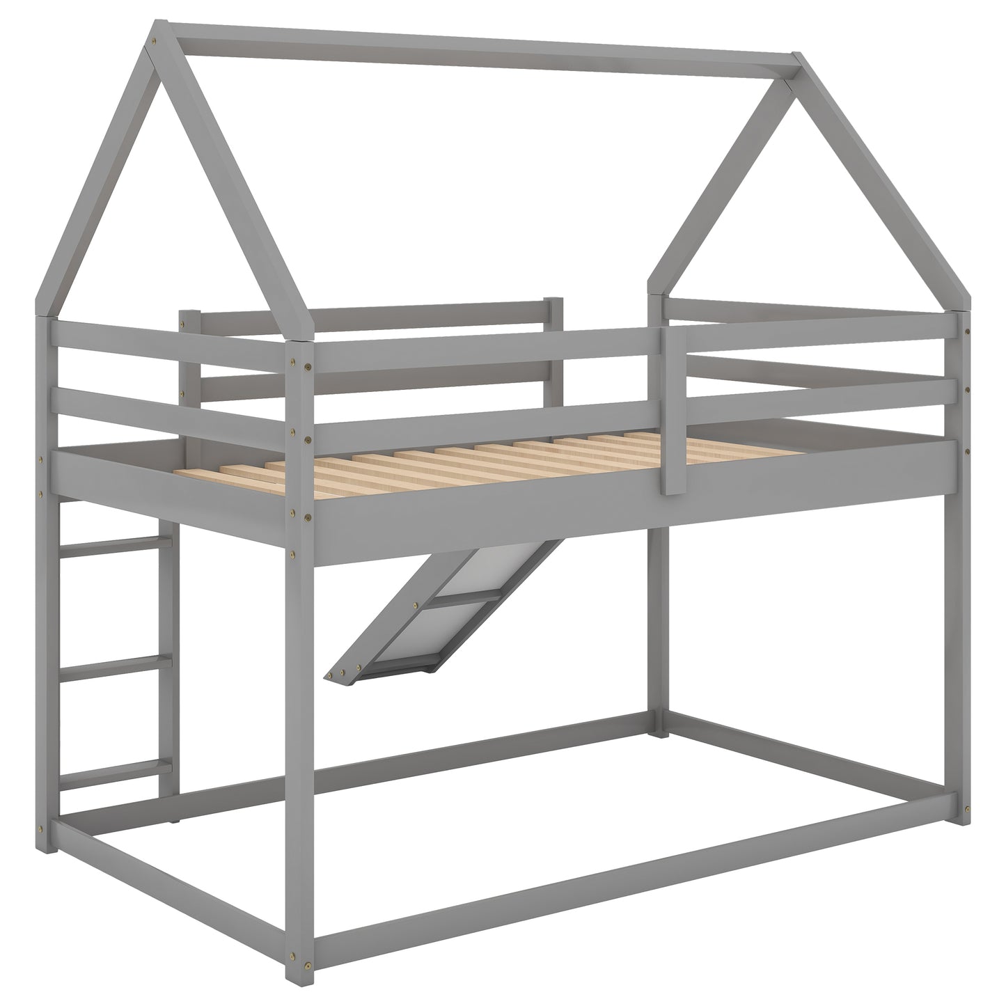 Gray Twin Bunk House Bed with Slide and Ladder for Kids