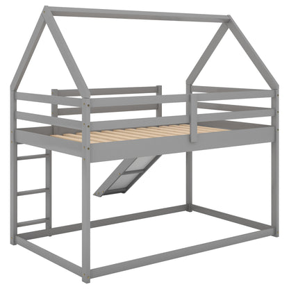 Gray Twin Bunk House Bed with Slide and Ladder for Kids