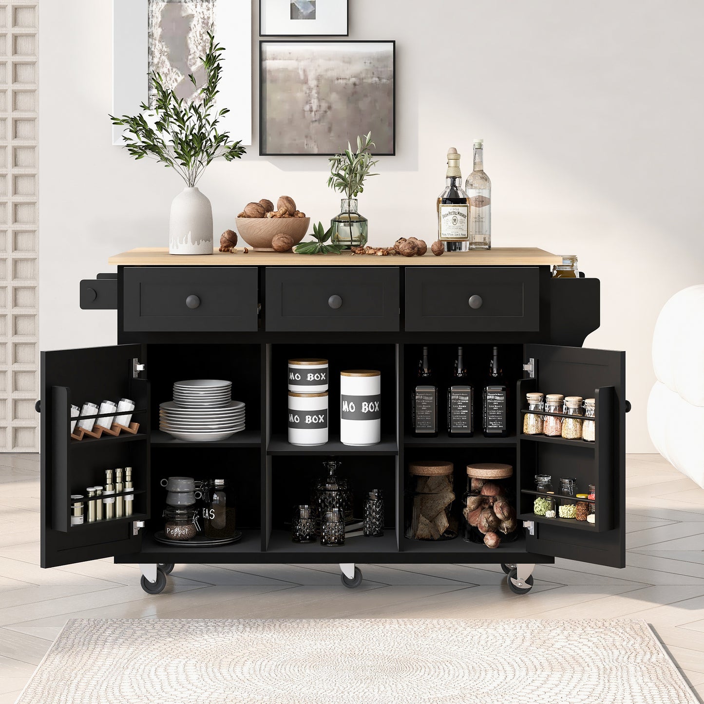 Black Kitchen Island Cart with Drop-Leaf Rubber Wood Top, Storage Cabinet, and Rolling Wheels