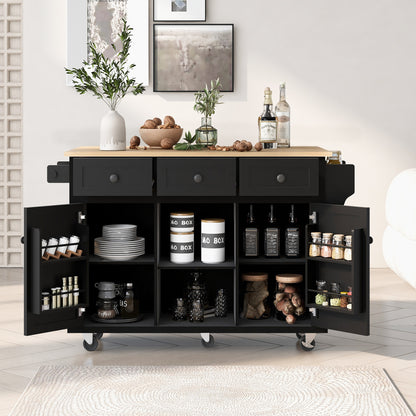 Black Kitchen Island Cart with Drop-Leaf Rubber Wood Top, Storage Cabinet, and Rolling Wheels