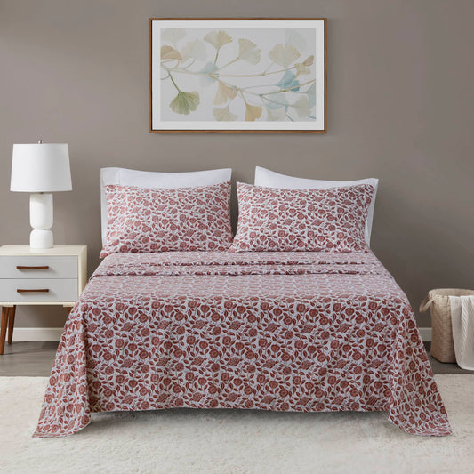 4-Piece Queen Cotton Flannel Sheet Set Fitted 16-Inch Deep Pocket Flat 92x104 OEKO-TEX Rust Floral